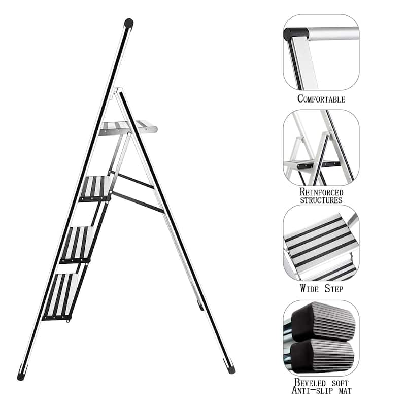 4 Step Ladder 4 Step Folding Step Stool with Handrails Wide Work ...