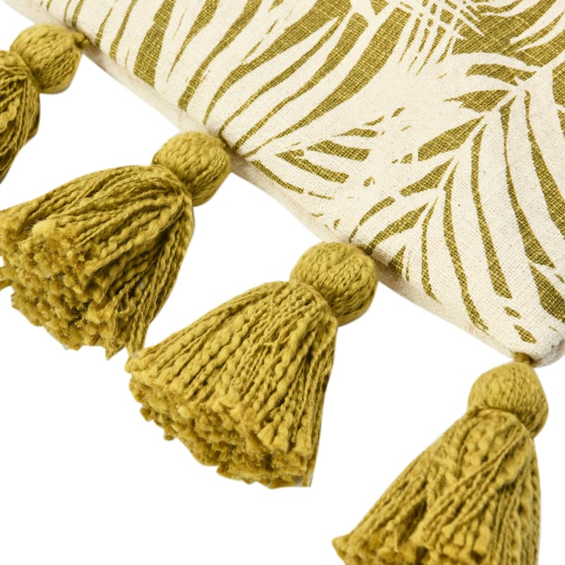 Cotton Pillow with Palm Frond Pattern & Tassels, Green and Natural