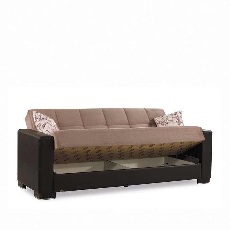 HomeRoots 87" Sand And Brown Chenille And Faux Leather Convertible Futon Sleeper Sofa And Toss Pillows With Storage