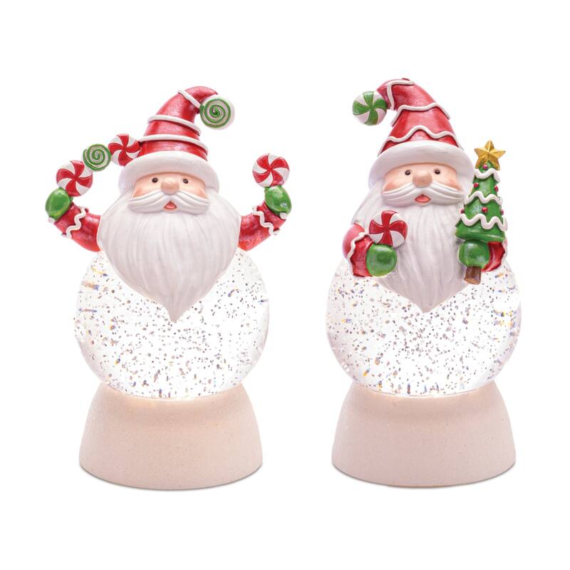 LED Lighted Santa Peppermint Swirl Christmas Snow Globes - 7.5" - Set of 2