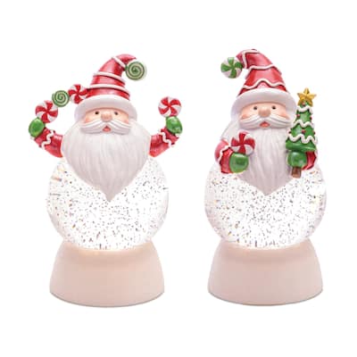 LED Lighted Santa Peppermint Swirl Christmas Snow Globes - 7.5" - Set of 2