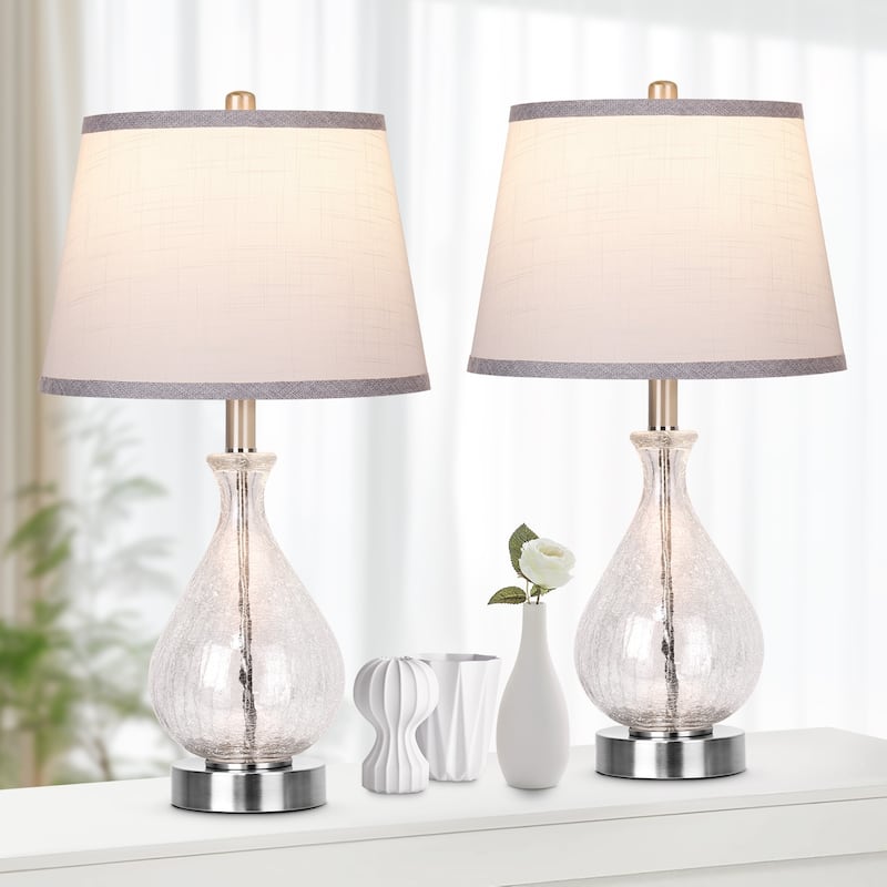 Glass Table Lamp Set of 2, 22.5" LED Light with Touch Control, 3 Way Dimmable Modern Bedside Lamps with Fabric Shade - White