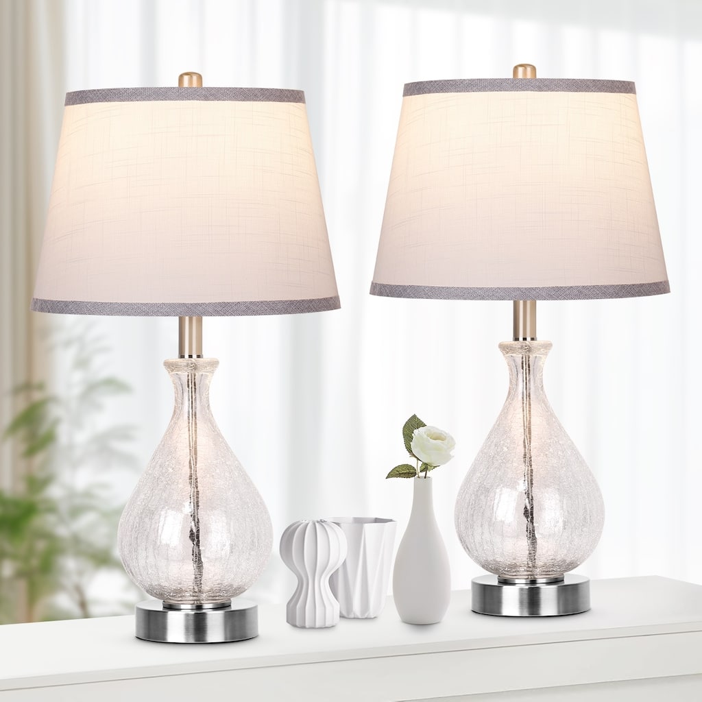Glass Table Lamp Set of 2, 22.5" LED Light with Touch Control, 3 Way Dimmable Modern Bedside Lamps with Fabric Shade