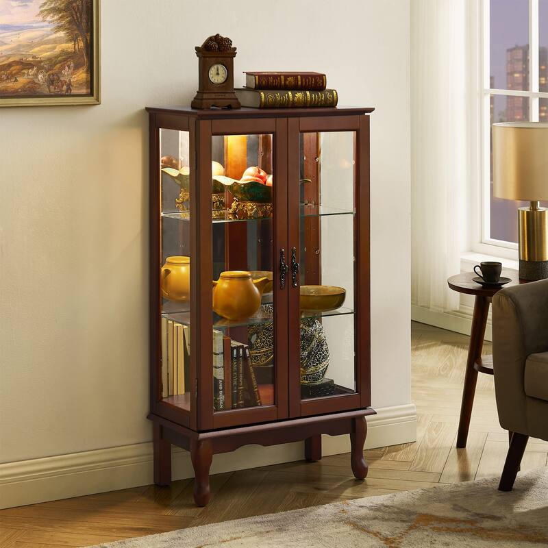 Elegant 3-Tier Curio Cabinet with Lighting, Mirrored Panel, Adjustable Glass Shelves,E26 Bulb Not Included Classic Floor Mount