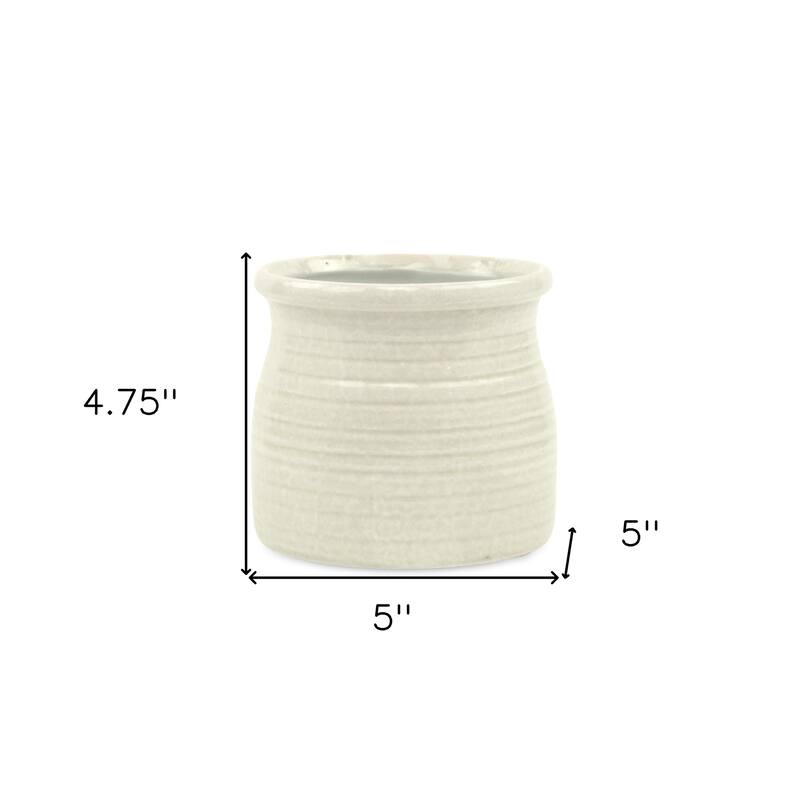 HomeRoots White Ceramic 25 Ounce Striped Round Distressed Pot Planter - 5.00 in. x 4.75 in. x 5.00 in.