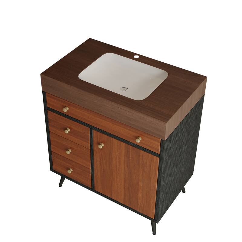 GDFStudio - Bristol Modern 29.9" Freestanding Bathroom Vanity with Sintered Stone Top, Ceramic Sink & Stainless Steel Legs