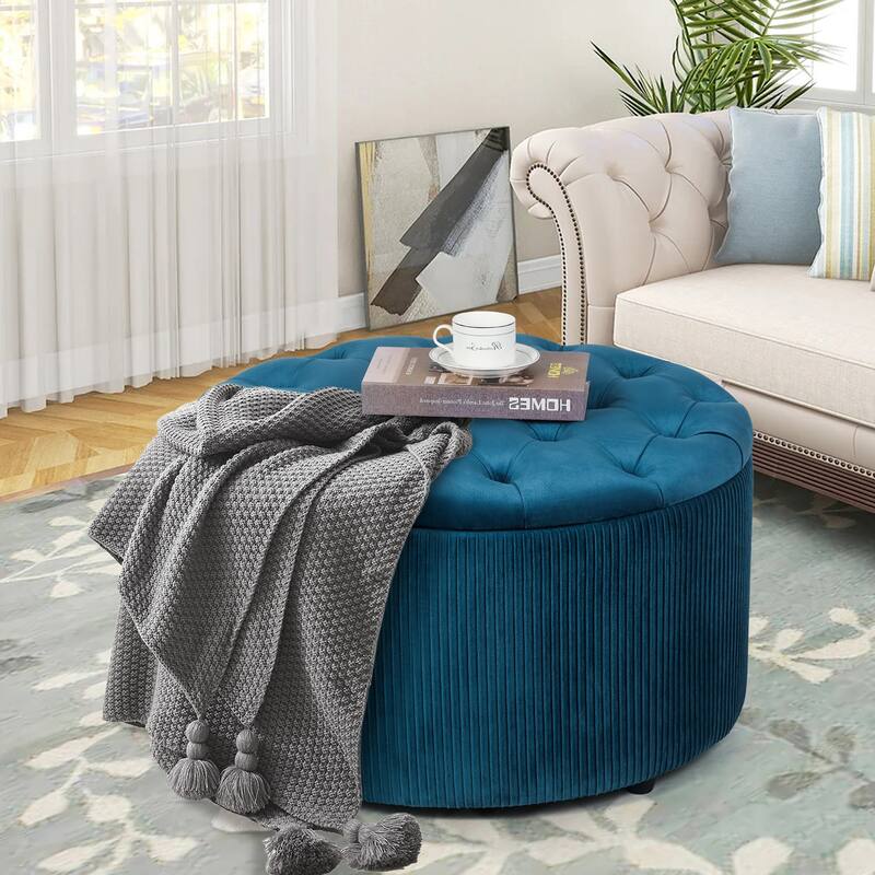 Adeco Round Storage Ottoman Button Tufted Footrest Stool Bench