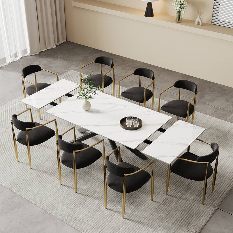 9 - Piece Extendable Sintered Stone Top Cross Legs Dining Set With 8 Fabric Chair