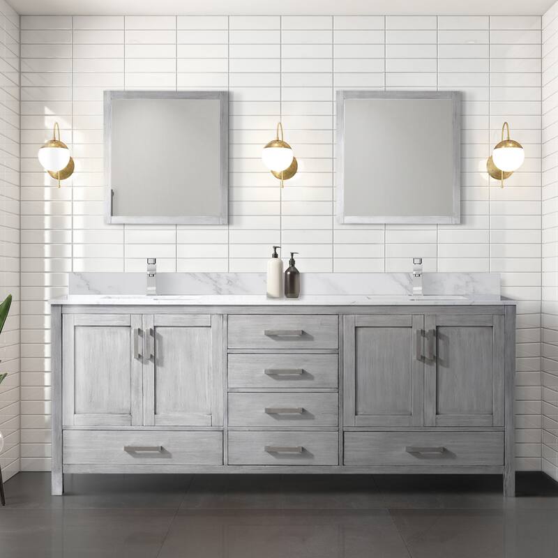 Jacques 80 in. W x 22 in. D Dark Grey Double Bath Vanity, Carrara Marble Top, Faucet Set, and 30 in. Mirrors