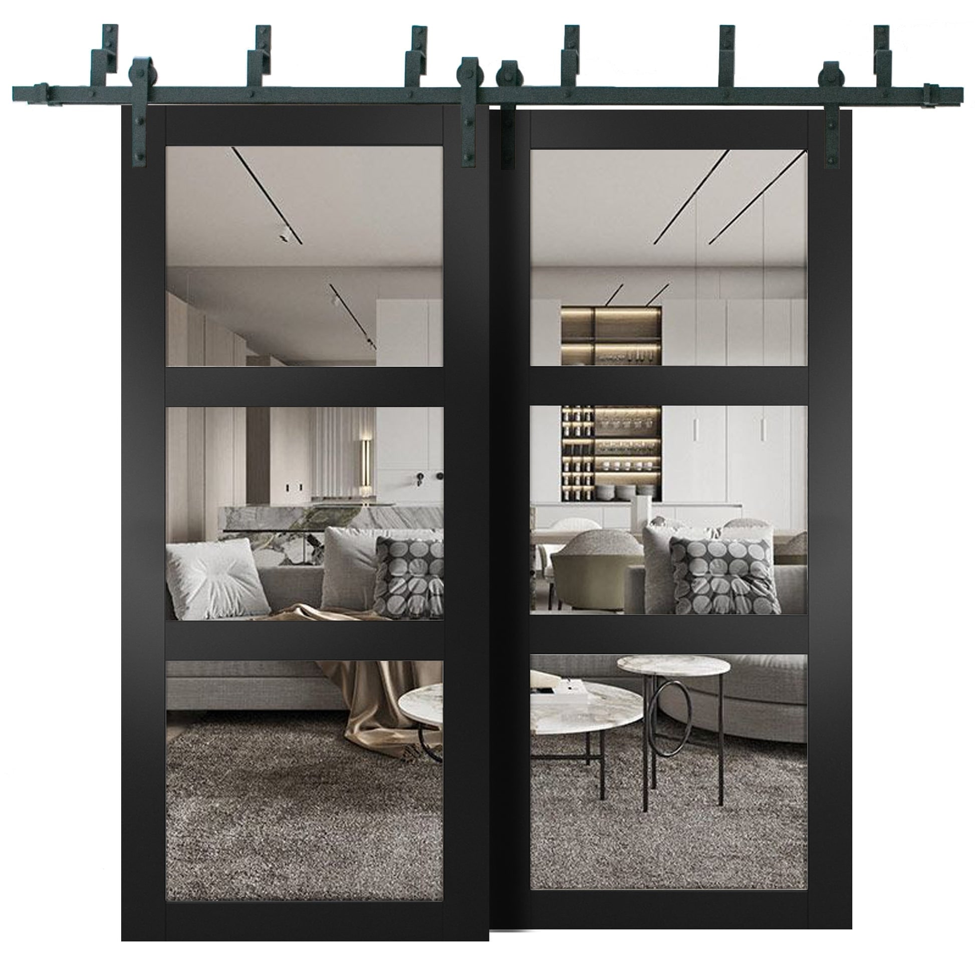 SartoDoors Lucia 2555 | Closet Door Bypass Barn Door | Solid Wood w/ Glass | Hardware Set | 36x80, Matte Black Bedroom Door