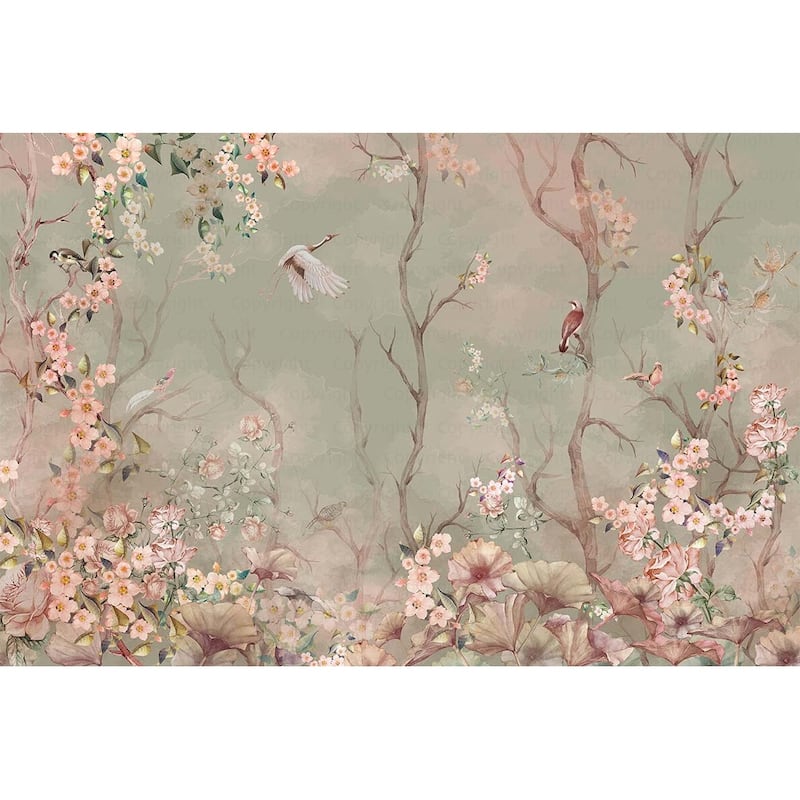 Cherry Blossom and Birds Wallpaper Mural Pastel Floral Serenity - Green - W:175" x H:118"