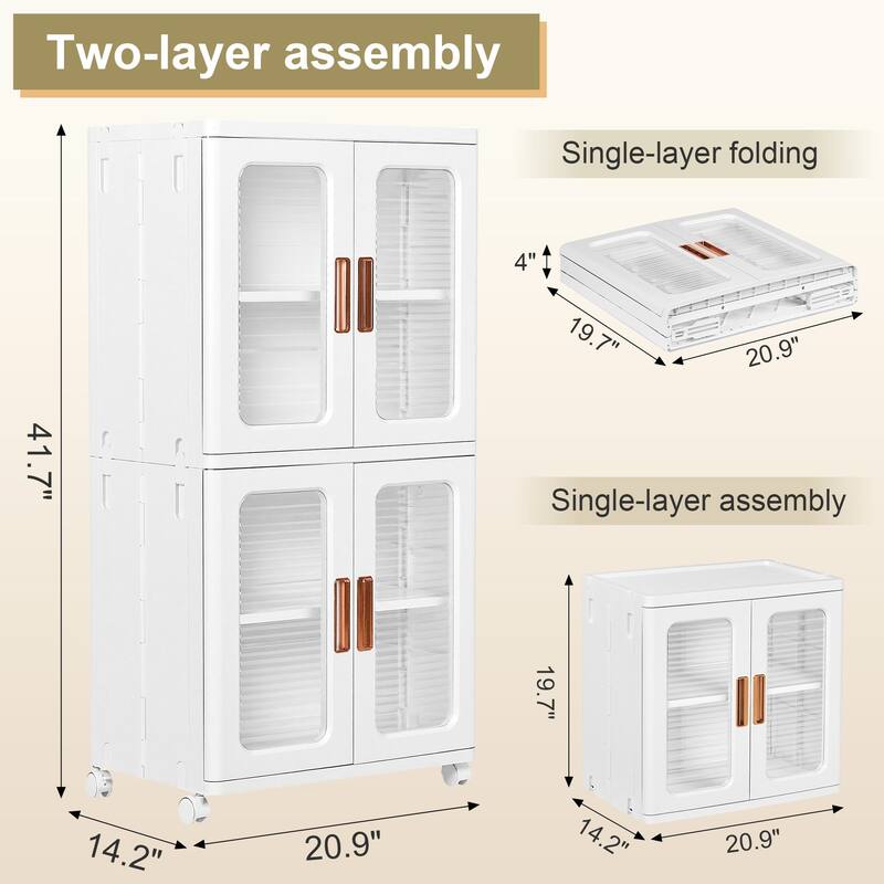 Javlergo 2-Tier White Rolling Storage Cabinet with Adjustable Shelves Locking Wheels & Transparent Doors Freestanding Organizer
