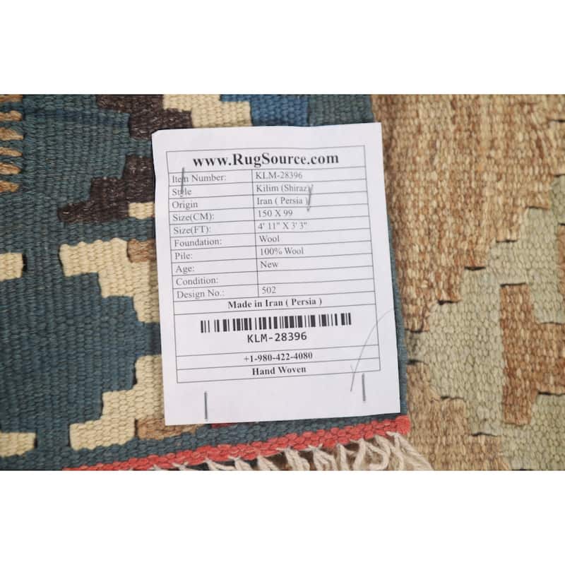 Geometric Kilim Shiraz Persian Accent Rug Hand-Woven Wool Carpet - 3'3" x 4'11"