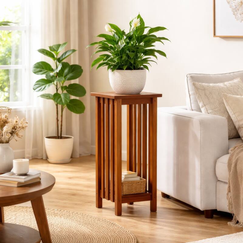 30 Inch Wooden Flower Stand with Bottom Shelf and Slatted Sides, Brown