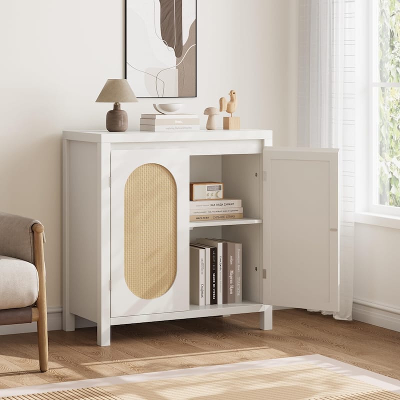 Rattan Storage Cabinet with PVC Woven Doors, Wooden Sideboard Buffet, with Adjustable Shelf, Multifunctional Cupboard