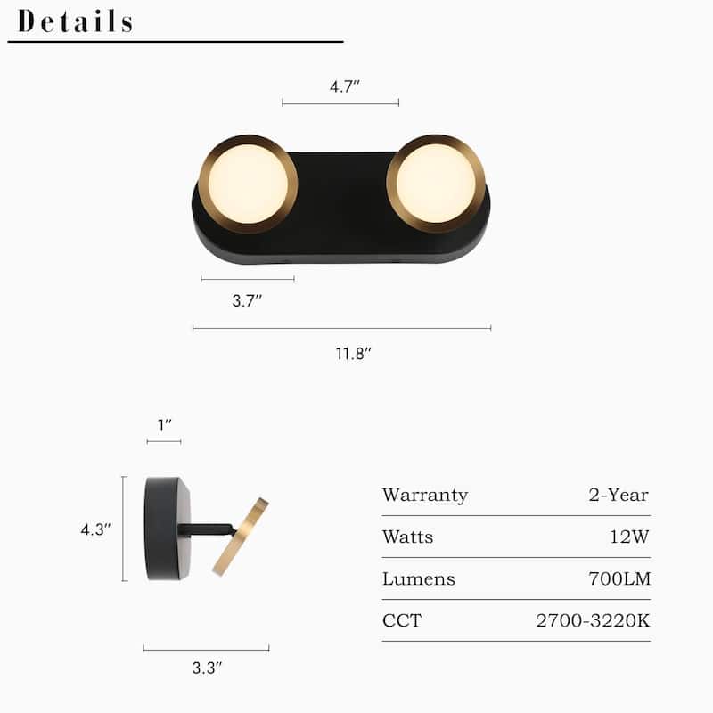 Modern 2-Light Black Gold LED Wall Sconces Bathroom Vanity Lights with Adjustable Shades - 11.8" L x 3.3" W x 4.3" H