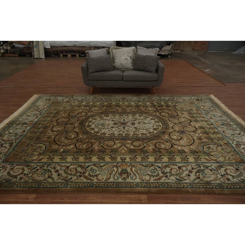 Hand Knotted Oriental 100% Wool Carpet Traditional Floral Brown Aubusson Area Rug - 11' 11'' X 9' 0''