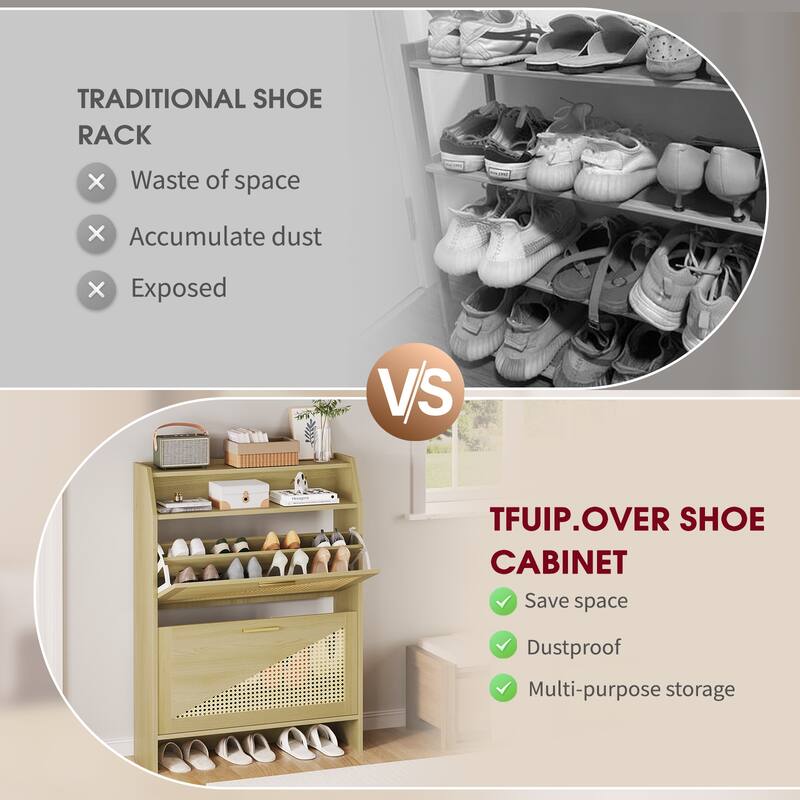 Rossetta Boho Chic 5-Flip Drawers Wooden Narrow Shoe Rack Organizer Cabinet with Visual Top Shelf