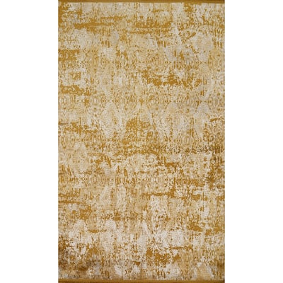 Machine Made Oriental Polyester Carpet Abstract Yellow & Gold Distressed Area Rug - 7' 5'' X 5' 2''