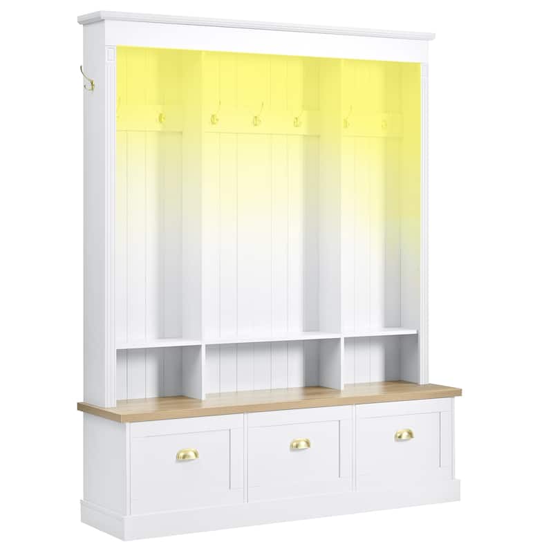 Large LED Hall Tree with 9 Hooks, Roman Column Design Storage Bench with 3 Cabinets, Farmhouse Entryway Organizer with Shelves