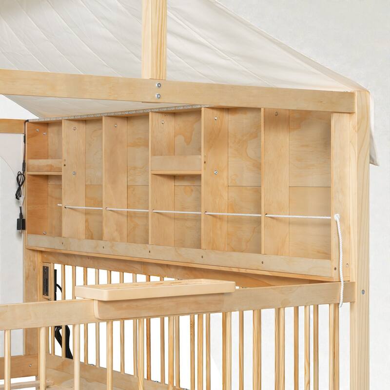 Full Size Kids House Bed with 2 Storage Drawers, Side Bookshelf with LED Strip, Guardrails and Charging Station