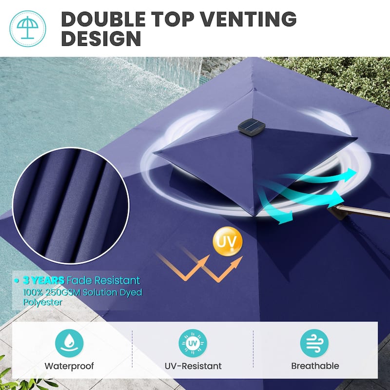 Outdoor Solar Powered LED Double Top Patio Cantilever Umbrella with Base Stand