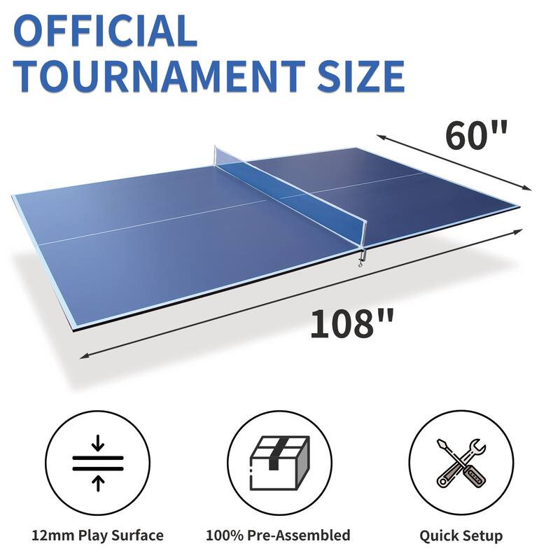 108”L x 60”W Blue Foldable Table Tennis Conversion Top with Net and EVA Foam Pads - 108”L x 60”W