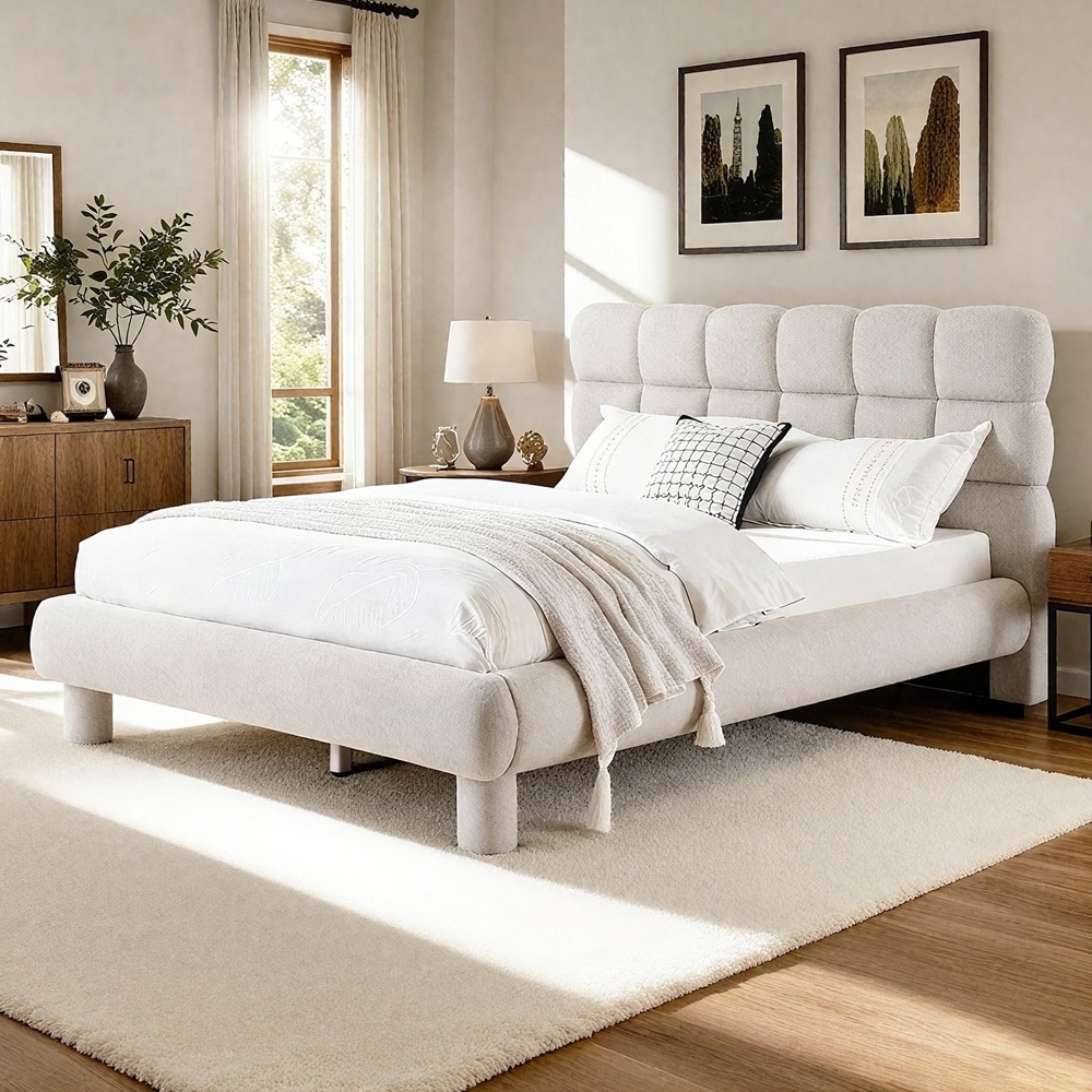 Upholstered Platform Bed with Teddy Fleece Boucle Fabric Queen