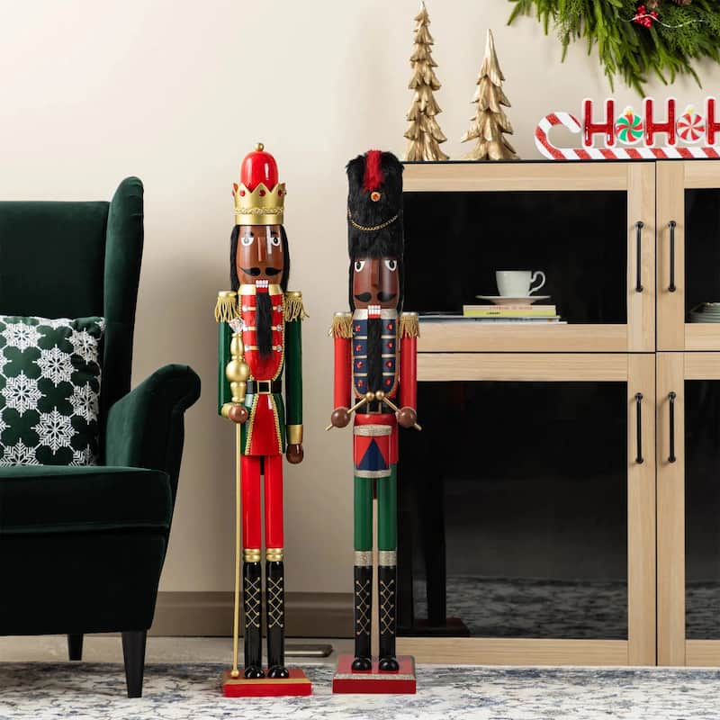 Glitzhome Wooden Christmas African King Soldier Nutcracker - 42"H King & Soldier