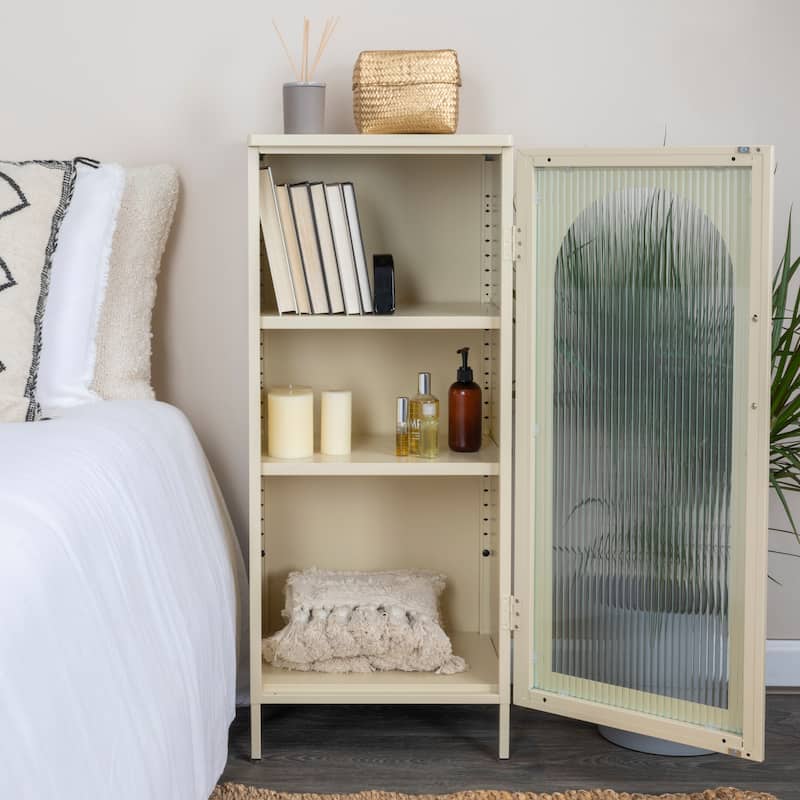 Solstice Metal Accent Cabinet with 2 Adjustable Storage Shelves and Arched Glass Door