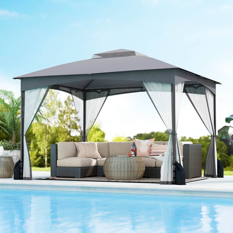 Costway 10 X 10/12 FT Patio Gazebo with Netting Walls 4 Sandbags - Gray 10 X 12 FT