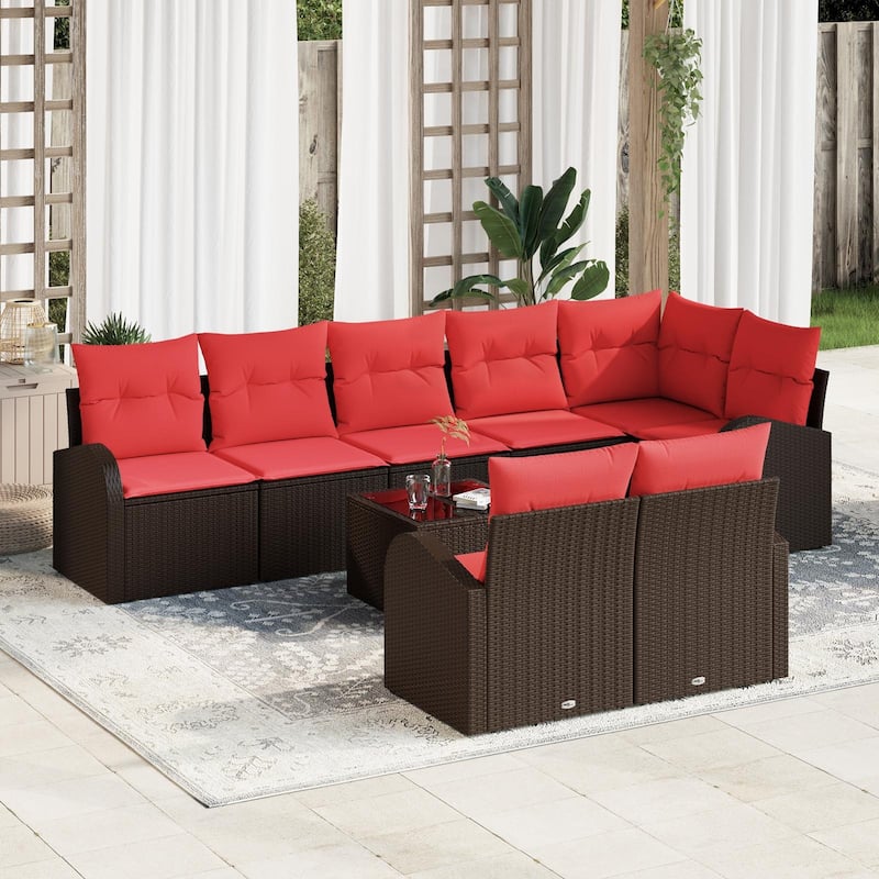vidaXL 8/9 Garden Sofa Set with Cushions Black/Brown/Grey Poly Rattan - 113.8 x 48.8 x 27.2 - Brown with table
