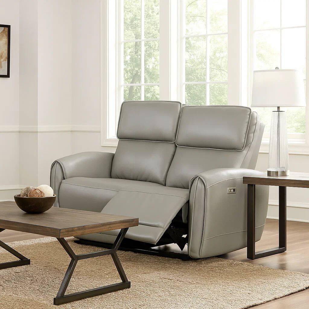 Sily Power Reclining Loveseat, Gray Faux Leather, 57 Inch, USB Ports