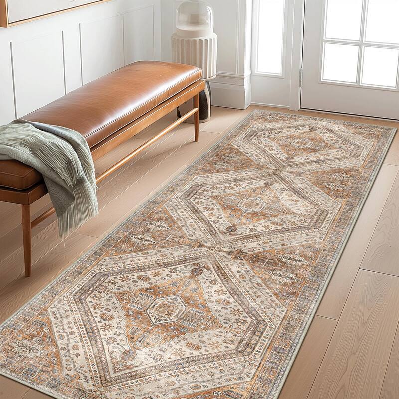 Mcow Everyday Comfort Neutral Low Pile Washable Non-Slip Area Rug - 2'x 7' - Gold/Orange - Runner