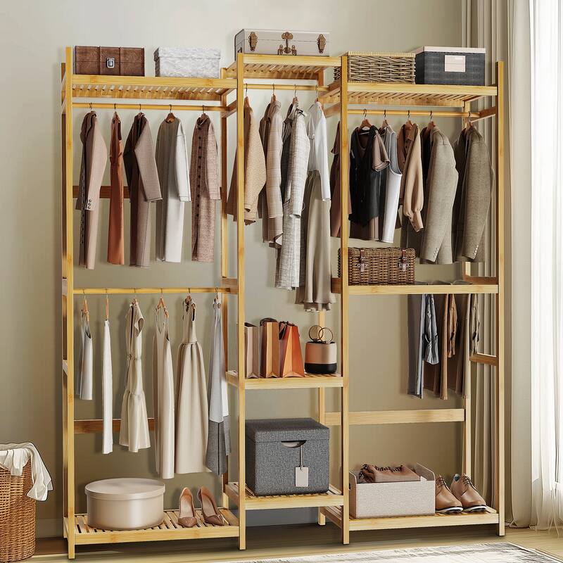 Large Bamboo Clothing Garment Rack Multi-tiered Wardrobe