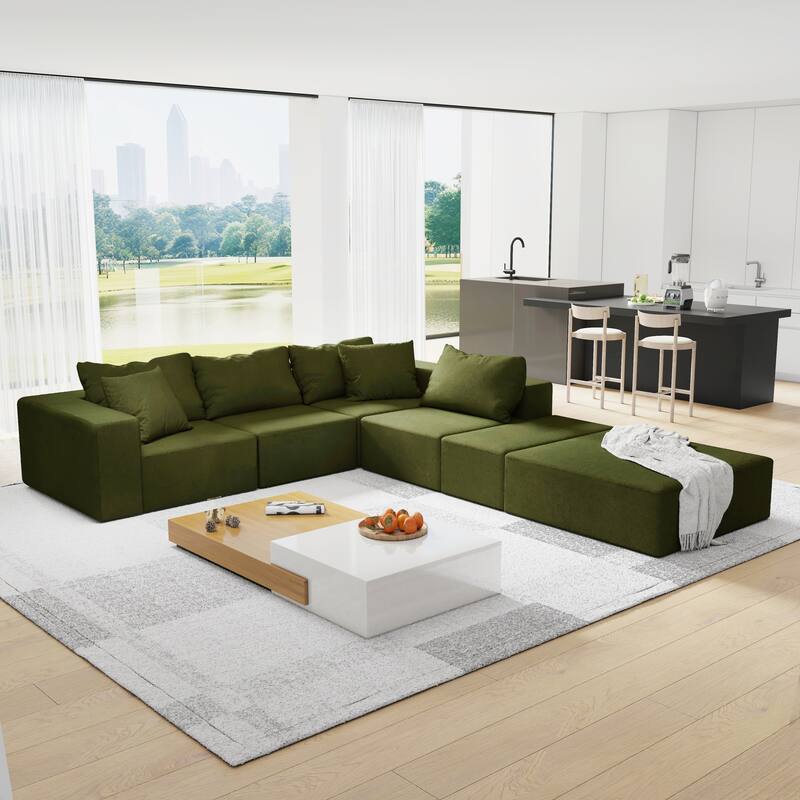 Floor Upholstered Sectional Sofa Modular L Shaped Couch Set with 6 Pillows and Ottomans, Living Room Sleeper Sofa Bed