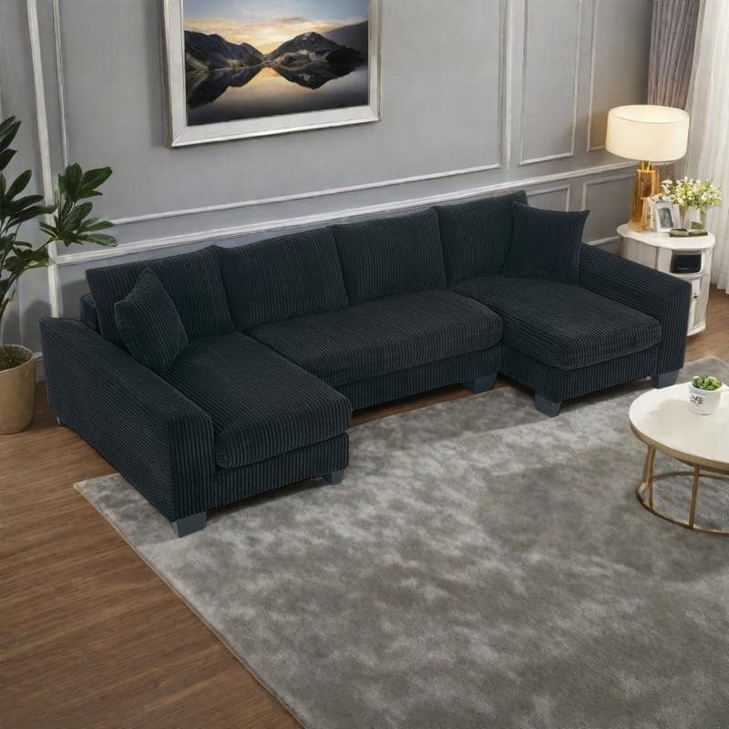 114" Corduroy U-Shaped Sleeper Sofa with Pull-Out Bed, 4 Back Cushions and 2 Throw Pillows