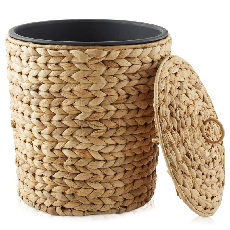 Water Hyacinth Waste Basket with Lid Woven Trash Can - Natural