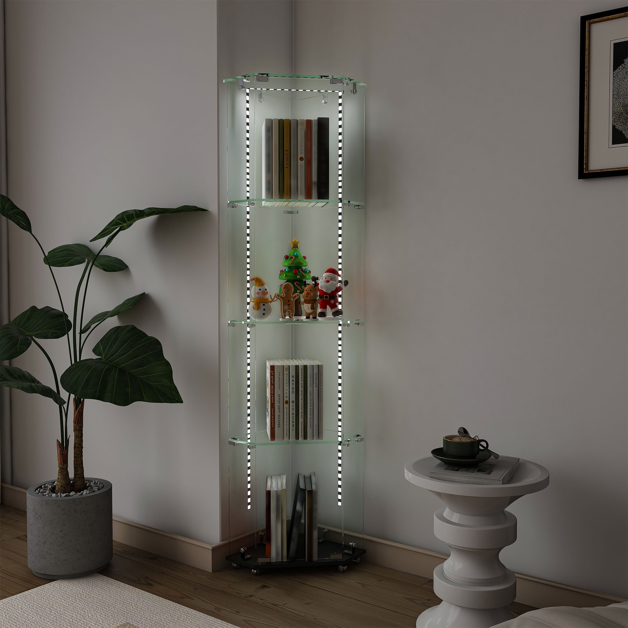 Roomfitters Glass Display Cabinet with Lighting, 4 Tier Curio Case for Collectibles, Floor Standing Showcase, Black