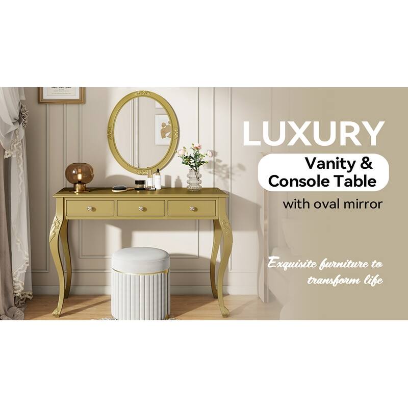 3-Drawer Makeup Vanity Table and Oval Mirror Set for Bedroom