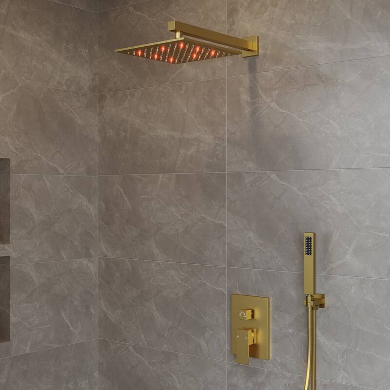 Pressure Balanced Shower Faucet System ,10" LED Shower Head with Handheld Spray - Brushed Gold