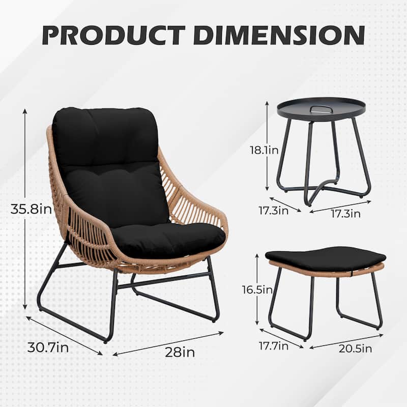 Chaise Lounge Chair with Ottoman and Coffee Table, Wicker Egg Chair Oversized Rattan Patio Cozy Chairs with Footstool