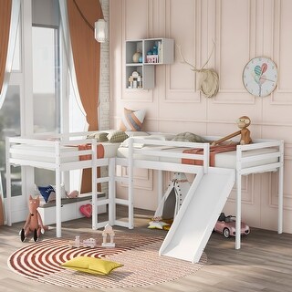 Modern Style Twin Size L-Shaped Solid Pine Wood Loft Bed with Ladders ...