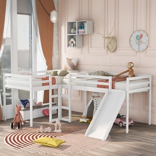 Solid Pine Wood Twin Size L-Shaped Loft Bed with Ladders and Slide