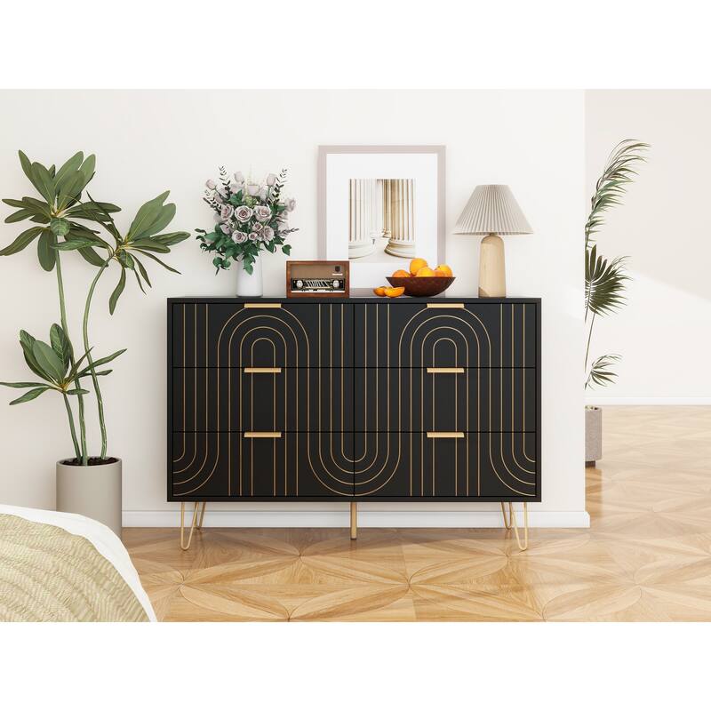 Modern 6-Drawer Double Dresser with Metal Golden Handles and Golden Leg, Storage Cabinet for Bedroom, Living Room
