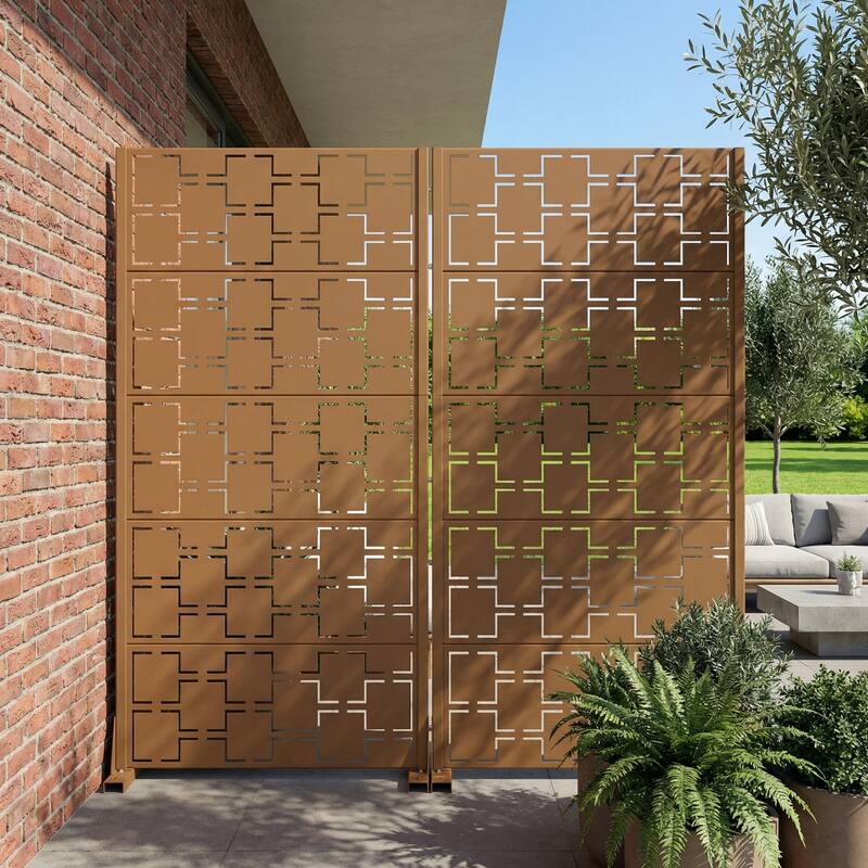 Outdoor Freestanding Metal Privacy Screen Decorative Garden Fence Set of 2 - Brown - 59"x30"