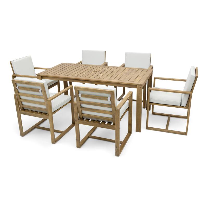 7-Piece Outdoor Acacia Wood Dining Set with Removable Cushions, Rectangular Table and Armchairs