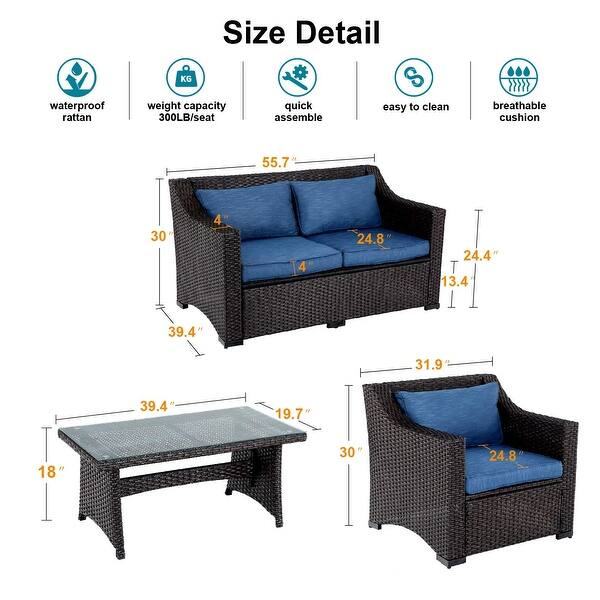 Dyed Spun Polyester Fabric for Cushions PHI VILLA 4-Piece Conversation Set Outdoor Wicker Patio Furniture Set Tempered Glass Top Coffee Table Hand Woven Rattan with Upgraded Design