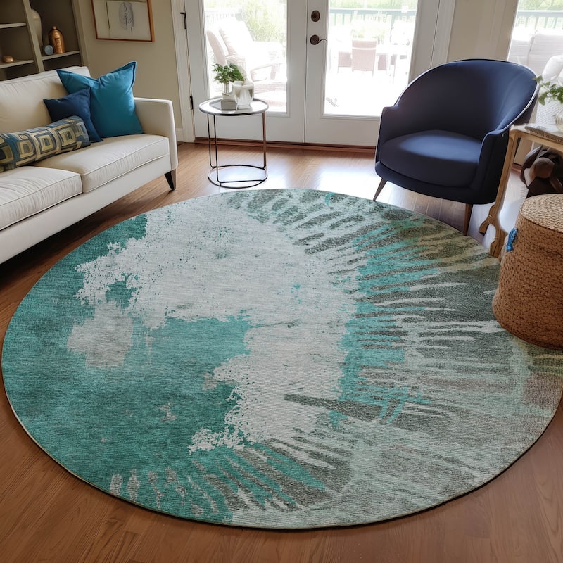 Machine Washable Indoor/ Outdoor Chantille Modern Burst Rug - Teal - 8' x 8'