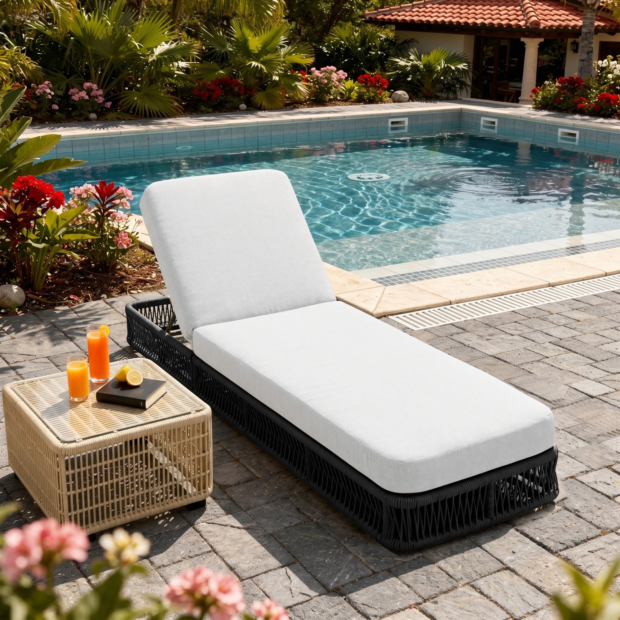 Woven Rattan Outdoor Chaise Lounge With Cushion